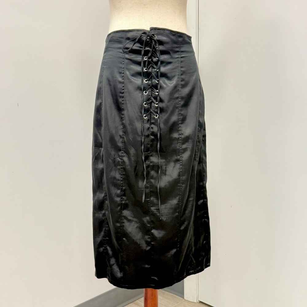 Got Lace Up Pencil Skirt Size 44 US 12 Black Satin Corset Front Whimsigoth Witch